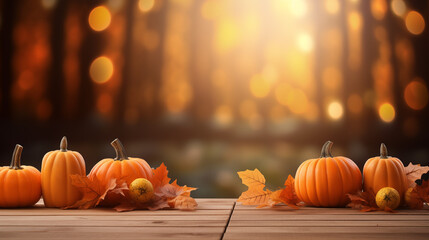 Pumpkins and Autumn Leaves on a Wooden Board with Golden Backlight