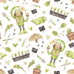 Spring garden pattern with girl watering plant. Seamless watercolor texture with gardener tools and green leaves on white background