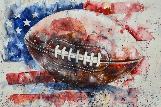  American football ball watercolor abstract picture on white background and American flag