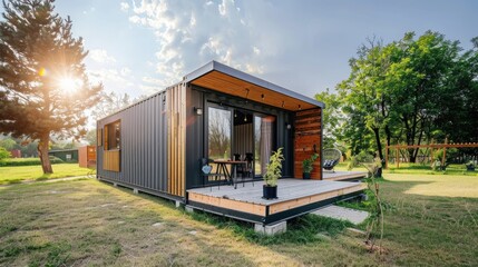 Modern shipping container house home, tiny house in sunny day. Shipping container houses is sustainable, eco-friendly living accommodation or holiday home, Generative Ai