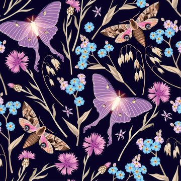 Seamless pattern with meadow flowers and butterflies