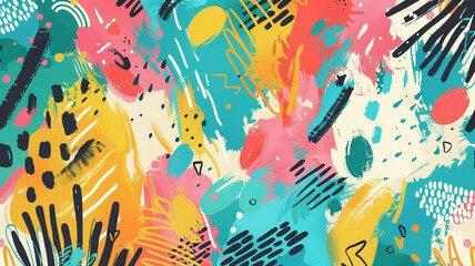 A playful and whimsical background filled with bright shades: turquoise, pink, yellow, black, white. - obrazy, fototapety, plakaty