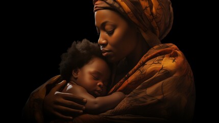 A heartwarming scene as an African mother soothes her baby in her lap, her love and care evident in every gentle touch.