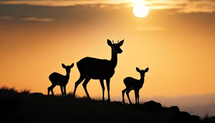 Variety of deer species in a tranquil evening scene, grazing on a hill with an orange sunset