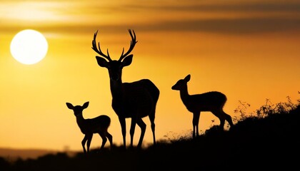 Fototapeta na wymiar silhouette of a deer, sunset background 