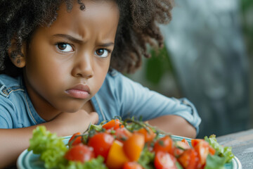African American child expresses disgust for salad, refusing to eat - obrazy, fototapety, plakaty