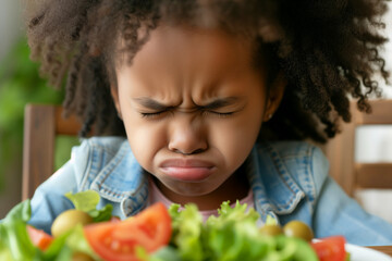 African American kid refuses to eat salad, displeased with meal - obrazy, fototapety, plakaty