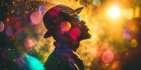 African-American man in his 30s enjoying the sunset, surrounded by vibrant bokeh lights