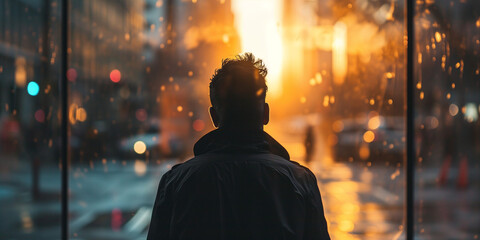 Back view of a man gazing at a sunlit rain-splattered cityscape during golden hour
