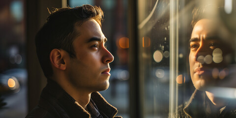 Hispanic man in his late 20s, reflecting on life as he gazes through a window at sunset