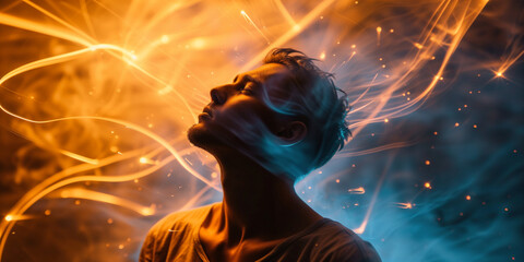 Young man in his 20s, lost in thought amidst ethereal blue smoke and fiery light streaks