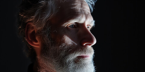 Senior Caucasian man with a thoughtful expression highlighted by dramatic side lighting