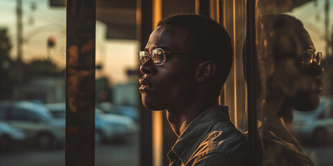 Young African-American man with glasses, profile view, reflecting on a city's golden hour