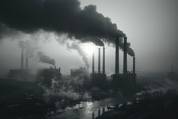 A close-up image offers a stark view of the towering smokestacks of a factory, billowing thick plumes of black smoke into the atmosphere, highlighting environmental concerns and industrial pollution.