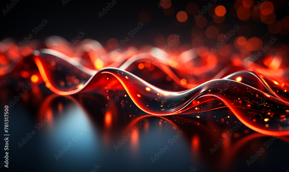 Poster abstract crimson energy flow with bokeh lights: dynamic red waves and particle swirls