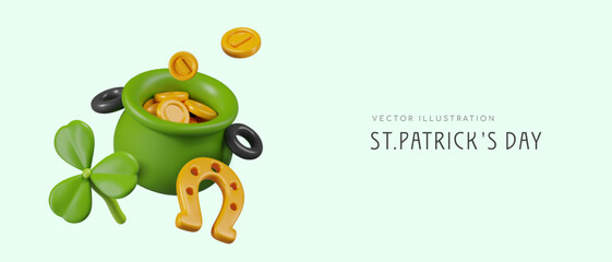Green pot with leprechaun treasure, coins, golden horseshoe, clover shamrock