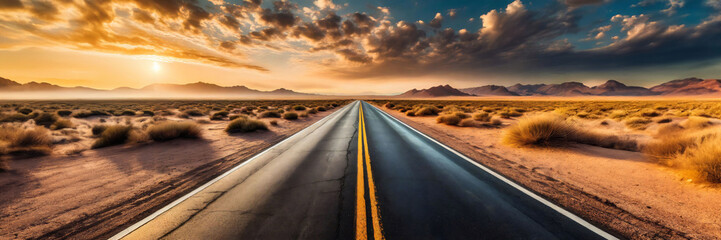 An empty road leading towards distant mountains with distinct yellow lane markings, emphasizing the asphalt texture. - Powered by Adobe