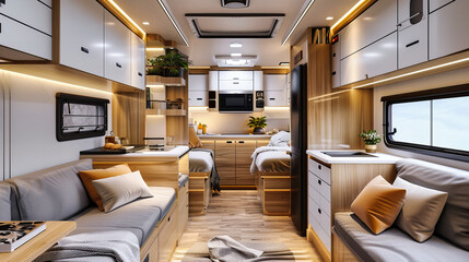 Obraz na płótnie Canvas Well-Designed Camper Van Interior with Functional Spaces, Combining Comfort and Practicality for the Ultimate Travel Experience