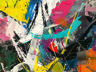 Abstract expressionist artwork with spontaneous vibrant pink, black, turquoise, yellow brush strokes.