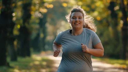 Muurstickers Young overweight woman jogging in autumn park. Sport and healthy lifestyle concept.  © Petrova-Apostolova