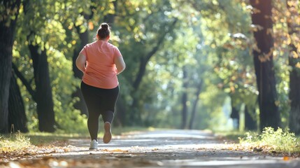 Back view of young overweight woman jogging in autumn park. Sport and healthy lifestyle concept. 