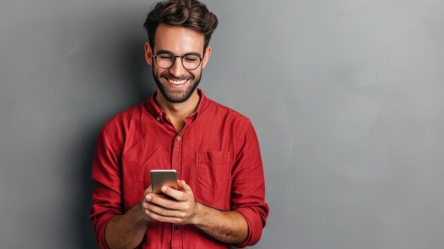 Man in red shirt holding cell phone