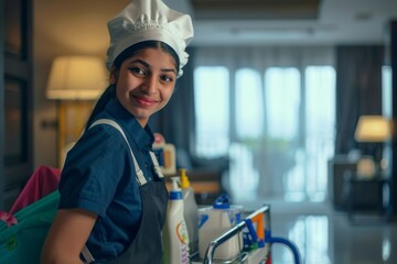 A cheerful young housekeeper with cleaning equipment ready to tidy up a modern household. Smiling Housekeeper with Cleaning Supplies - obrazy, fototapety, plakaty