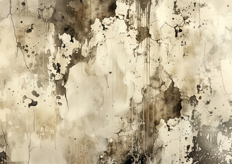 Watercolor dark beige and white, distressed grunge background with splashes of color, paint dripping down the wall in the style of vintage 