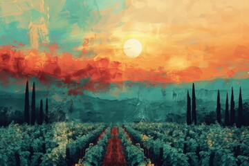 An ethereal scene featuring a radiant sun, vibrant hops fields, and 32-bit abstract designs in pastel colors. A serene and vibrant escape captured in stunning detail. - obrazy, fototapety, plakaty