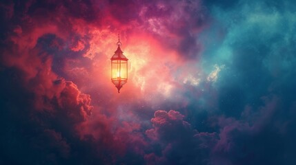 A lantern shines a guiding light through ethereal clouds towards heaven in a mysterious and minimalistic Pink Yarrow abstract background, embodying a prophecy. - obrazy, fototapety, plakaty
