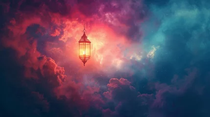 Poster A lantern shines a guiding light through ethereal clouds towards heaven in a mysterious and minimalistic Pink Yarrow abstract background, embodying a prophecy. © Thor.PJ