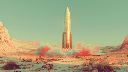 A transparent rocket glowing with nuclear energy drifts through a serene abstract backdrop of Sagebrush Green, Marsala, and Granite Gray, set against expansive negative space.