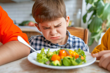 Parents persuade boy to eat vegetable salad in the kitchen