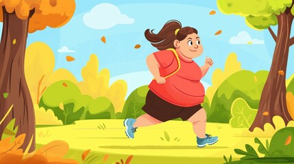 Illustration of young overweight woman jogging in autumn park. Sport and healthy lifestyle concept. 