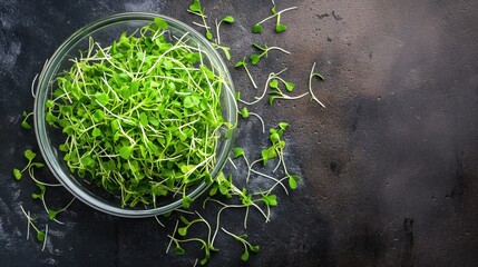 Cut sprouts micro greens in a bowl on a dark background top view copy space. The concept of vegetarianism and healthy food