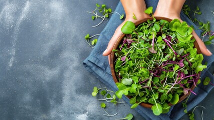 Hands hold bowl with cut sprouts micro greens on a gray background top view copy space. The concept of vegetarianism and healthy food