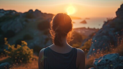 Obraz premium Woman enjoying a serene sunset over a rocky coastline, embodying peace and contemplation.