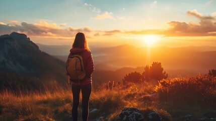 Obraz premium Woman with backpack watching sunrise over mountains, travel and adventure concept.