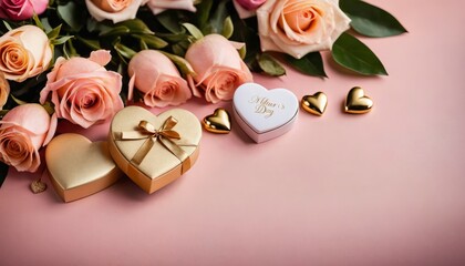 pink roses and gift box with gold heart on pink background, . Generative AI.