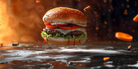 A hamburger is flying from the screen