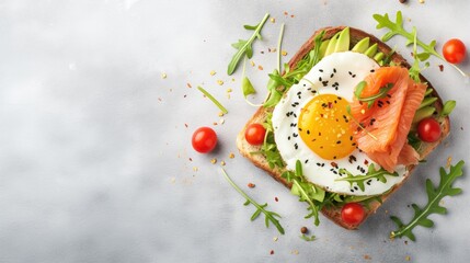 Toast with salmon, avocado and fried egg on a light background with copy space. Top view