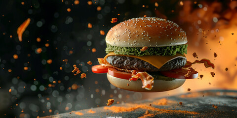 A hamburger is flying from the screen - obrazy, fototapety, plakaty