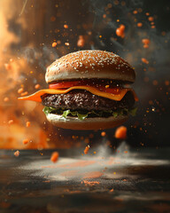 A hamburger is flying from the screen
