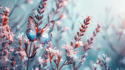 Majestic Butterfly Perched on Blossoming Flowers in Ethereal Light. - obrazy, fototapety, plakaty