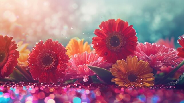 Vibrant Gerbera Daisies with Water Droplets in Magical Light.