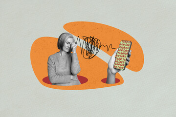 Composite image collage of upset woman headache problem hand hold iphone lie fake propaganda...