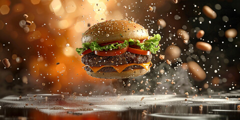 A hamburger is flying from the screen - obrazy, fototapety, plakaty
