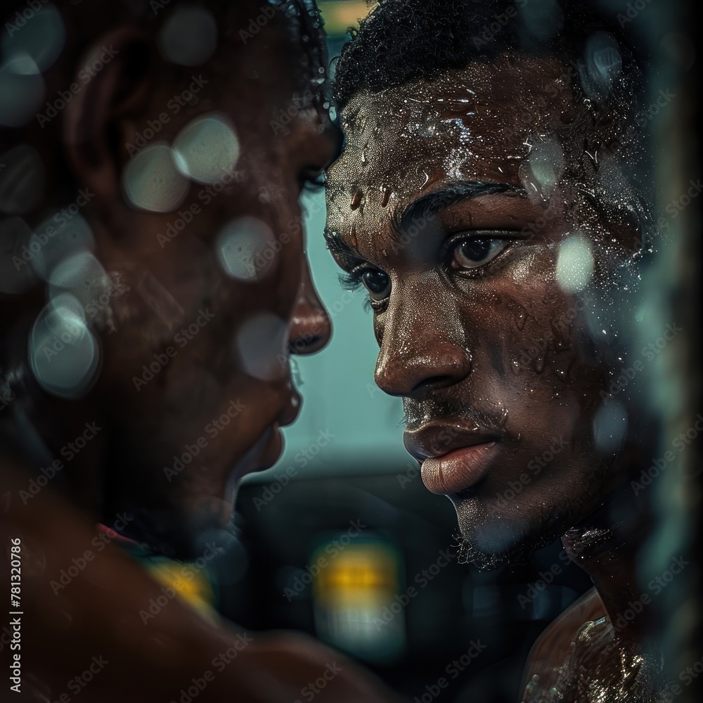 Canvas Prints Two men are standing in front of a mirror, one of them is sweating. Concept of physical exertion and determination