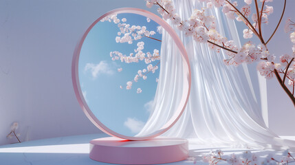 Surreal Cherry Blossom Trees Reflected in Mirror with Pink Curtains