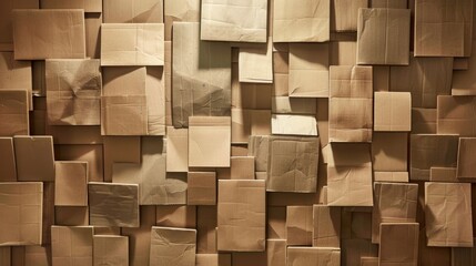 Wall completely decorated with cardboard boxes of different sizes and shapes, in a rich brown shade characteristic of cardboard, with a textured surface - obrazy, fototapety, plakaty